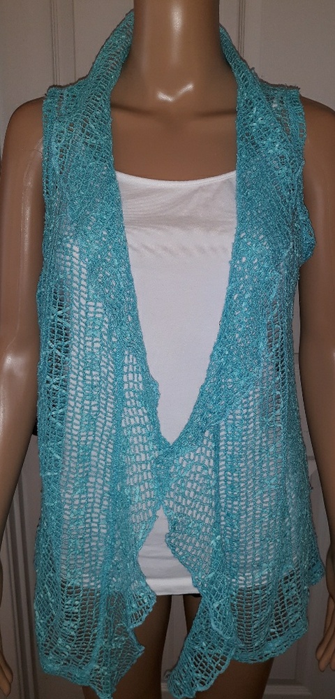 White cami and beautiful blue crocheted cardigan